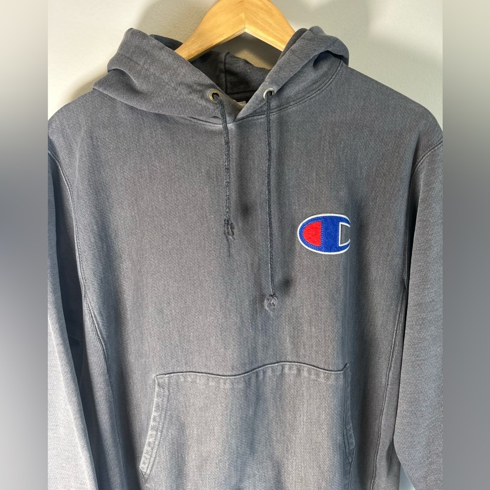 Vintage Champion Reverse Weave Mens Hoodie Dark Gray Sweatshirt Big Logo Size M - Picture 4 of 8